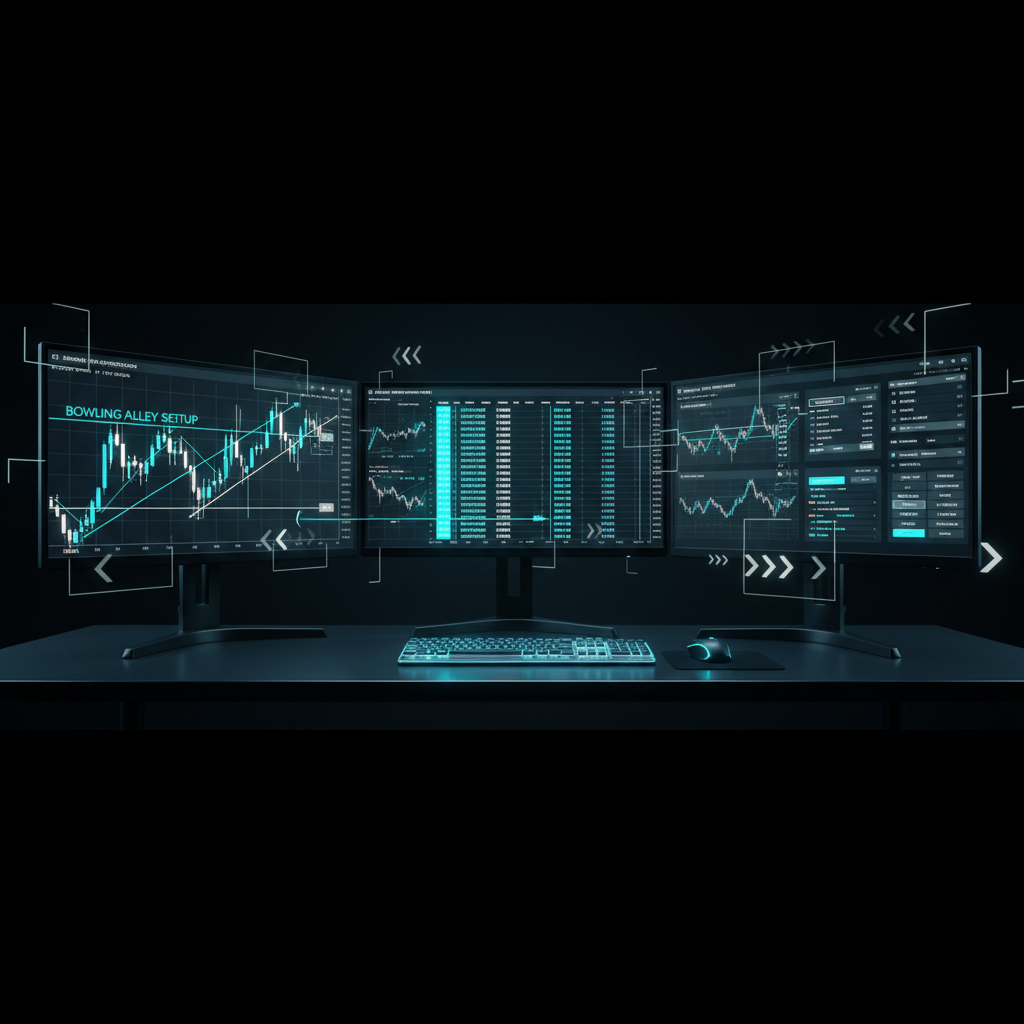 futures breakout strategy - A sleek, dark-mode trading workstation showing a futures chart with a clear 'Bowling Alley' channel breakout setup, highlighted with neon blue and green technical indicators, with the Onyx Trading logo subtly visible on the platform interface.