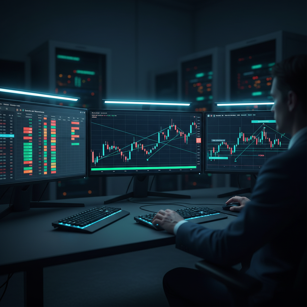 futures breakout strategy - A sleek, modern trading desk setup showing a glowing computer monitor displaying a futures chart with a clear breakout above a resistance line, featuring the Onyx Trading platform interface in dark mode.