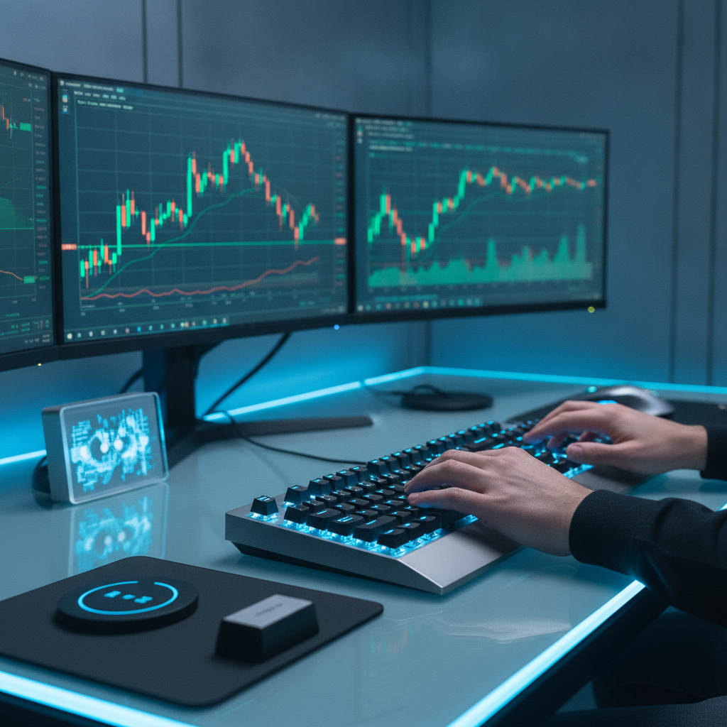 futures trading platform - A sleek, modern dual-monitor trading setup displaying dark-themed futures charts and order flow data on the Onyx Trading platform, with a smartphone running the Onyx mobile app resting on the desk, illuminated by soft blue and purple ambient lighting.