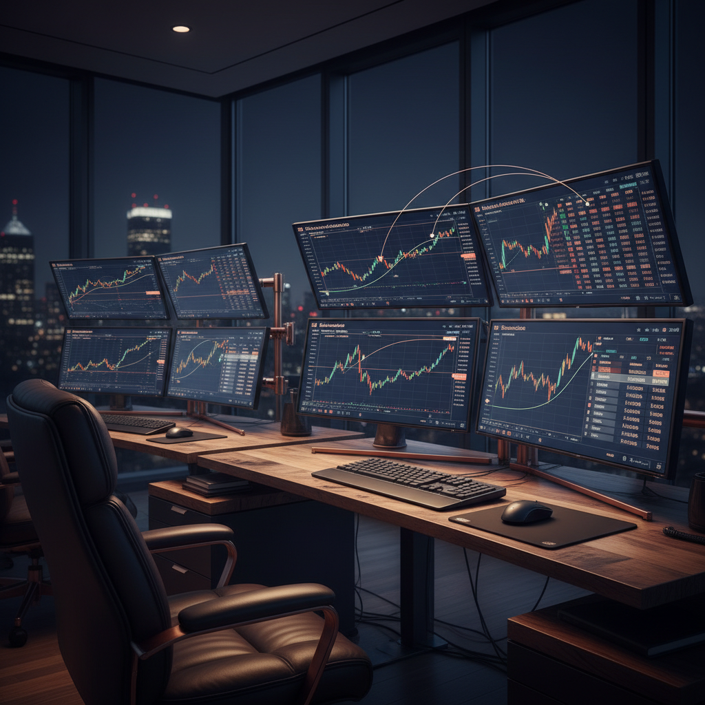Futures trading signals - A sleek, modern dual-monitor trading setup displaying dark-mode order flow charts and futures trading signals, with the Onyx Trading mobile app visible on a smartphone resting on the desk.