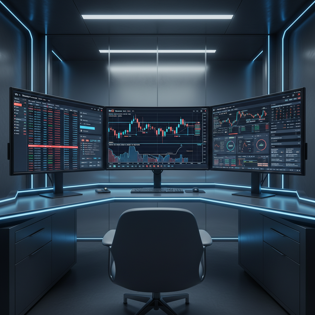 Nasdaq futures trading - A sleek, modern smartphone displaying a dark-mode futures trading chart with green and red candlesticks, resting on a glass table in a modern waiting room, symbolizing mobile Nasdaq futures trading.