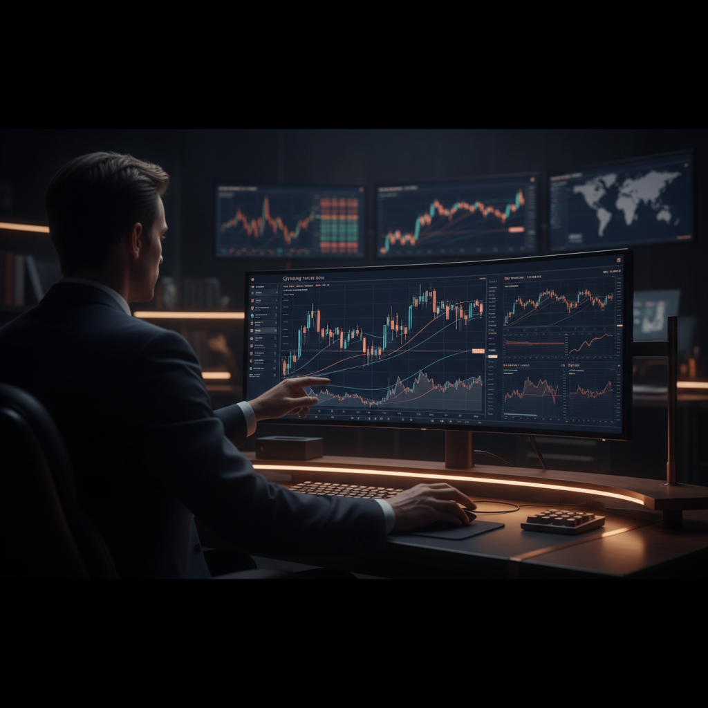 Onyx Trading platform - A sleek, dark-themed dual-monitor trading setup displaying the Onyx Trading platform, featuring a detailed candlestick chart with volume profiles on the left screen and a dynamic Depth of Market (DOM) order book on the right screen, illuminated by subtle blue and purple ambient lighting.