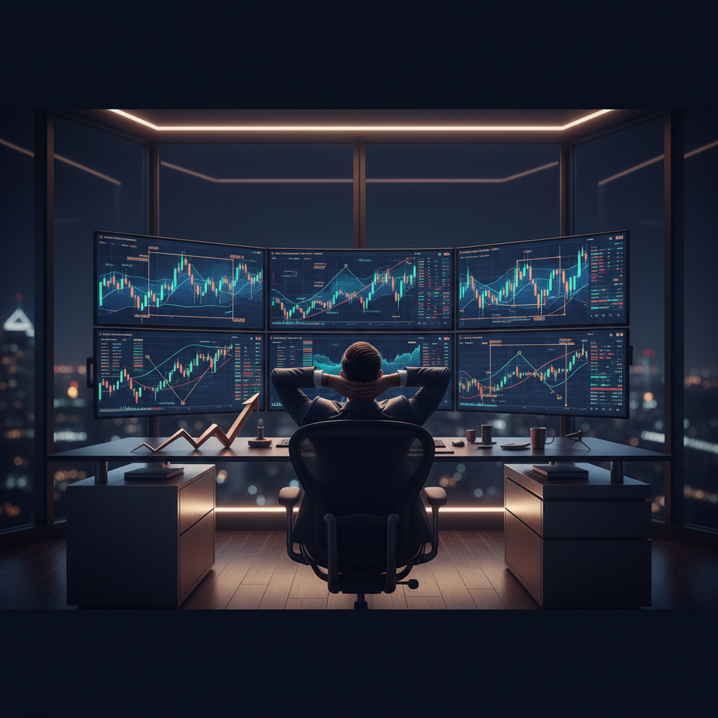 Prop trading platform - A sleek, modern multi-monitor trading desk setup displaying dark-themed futures charts and a DOM (Depth of Market) interface, with a smartphone running a trading app resting on the desk, illuminated by soft blue and purple ambient lighting.