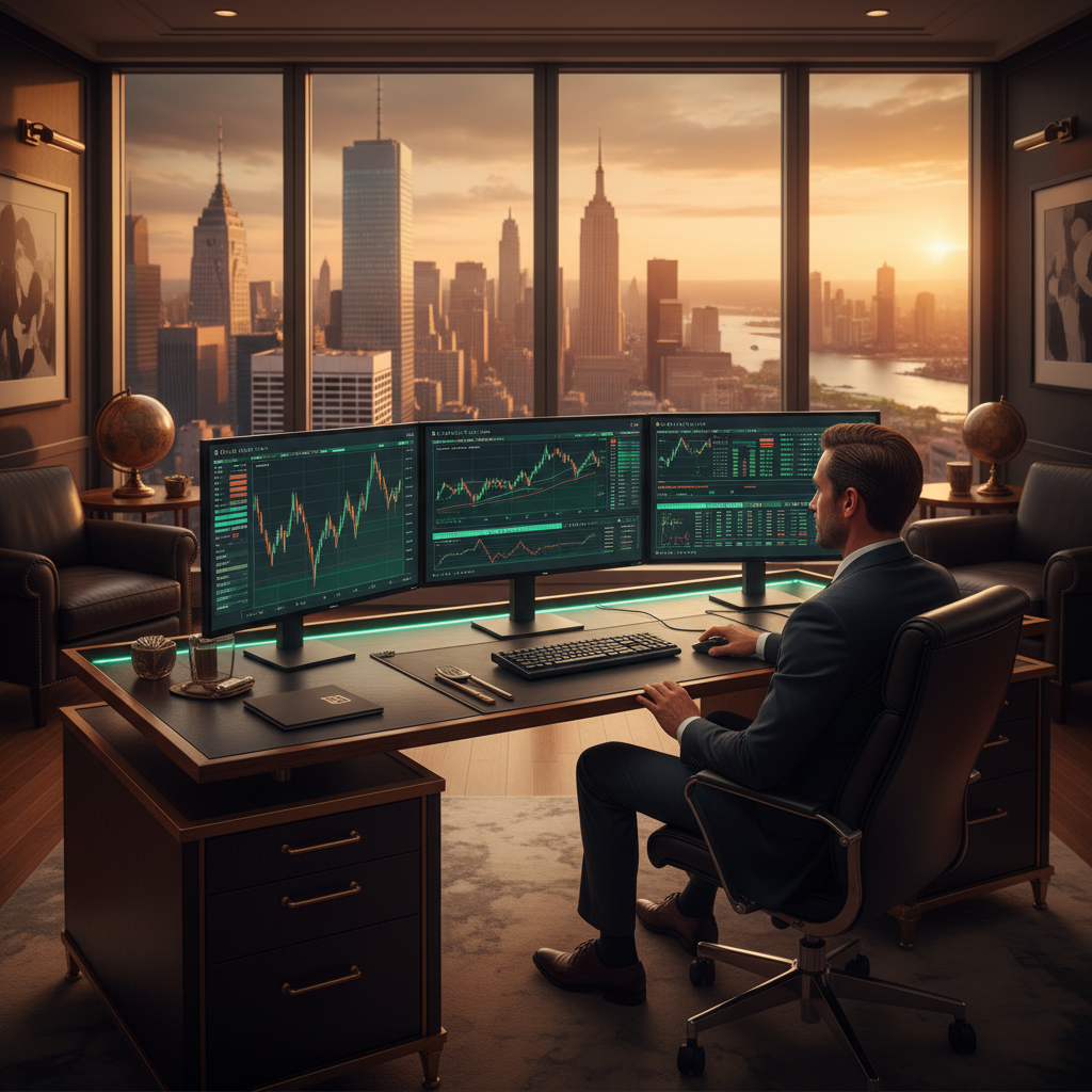 Rithmic trading platform - A sleek, modern dual-monitor trading desk setup showing the dark-mode Onyx Trading web interface with advanced futures charts and a Depth of Market (DOM) ladder, subtly glowing with neon blue and purple accents.