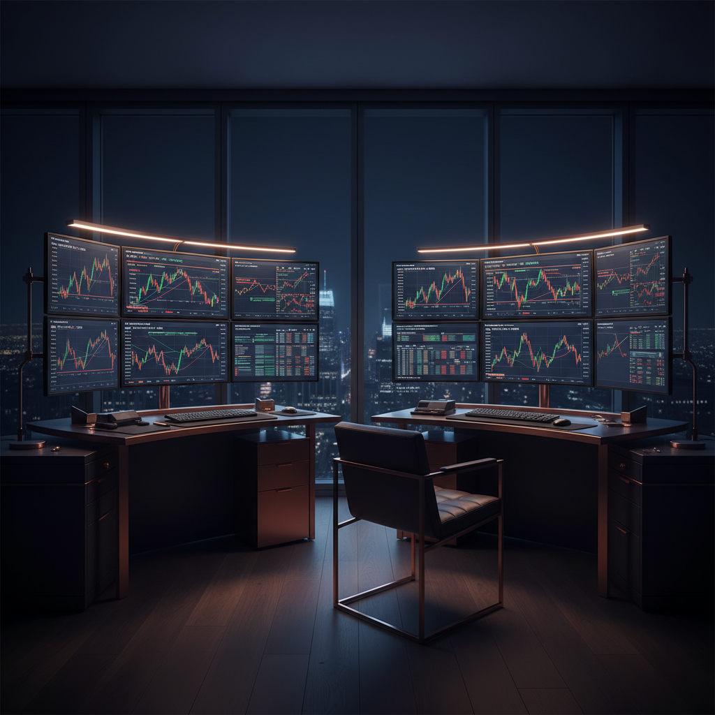 S&P futures trading - A sleek, modern multi-monitor trading desk displaying dark-mode candlestick charts of the S&P 500 futures market, with the Onyx Trading web interface visible on the main screen and a smartphone showing the Onyx Mobile app.